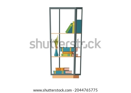 Bookcase for home library. Books plants on the shelves for wall in cartoon style. Vector illustration isolated on white background