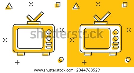 Tv icon in comic style. Television cartoon sign vector illustration on white isolated background. Video channel splash effect business concept.