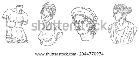 Vector greek sculptures on white background. Venus plaster sculpture. Set of vector elements for wedding invitation, design template, greeting card,pattern, textile, print Royalty-Free Stock Photo #2044770974