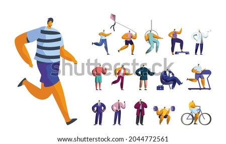 Set of Male Characters Jogging, Playing with Kite, Exercises, Aerial Gymnast and Chef. Men Run on Treadmill, Businessman and Pilot Job, Isolated on White Background. Cartoon People Vector Illustration