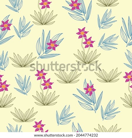 Seamless pattern with pink flowers and green leaves. Hand drawn elements. Pastel colors for greenery and background, vibrant pink for flowers.