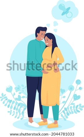 Pregnant wife with husband 2D vector isolated illustration. Thinking of baby. Anticipating child birth. Young family flat characters on cartoon background. Parenthood colourful scene