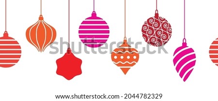 Christmas ornaments seamless vector border. Repeating horizontal pattern with hanging Christmas baubles garland pink red. Use for holiday greeting card decor, letterhead, banner, header, fabric trims
