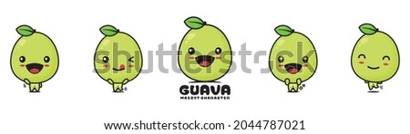 cute guava cartoon mascot, fruit vector illustration, with different facial expressions and poses, isolated on white background