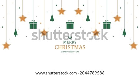 Merry Christmas greeting card. Christmas background with stars and gifts decorations in flat style. Vector illustration. Holiday banner. Xmas backdrop. Modern design poster, cover, wallpaper.