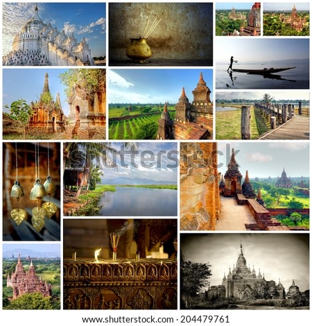 Pagodas and temples in the valley of Bagan in the asian country Myanmar, together in a collage of images 