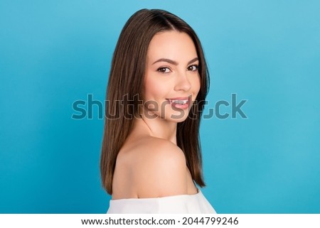 Profile photo of cool brunette young lady wear white top isolated on blue color background