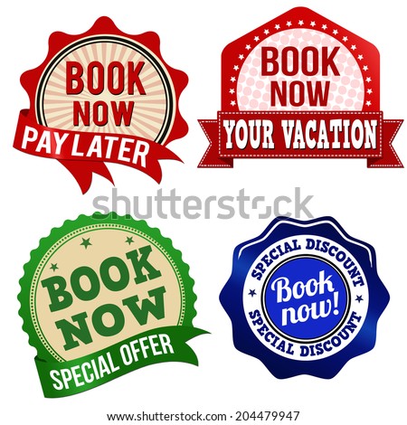 Promotional label, sticker or stamps for book now on white, vector illustration