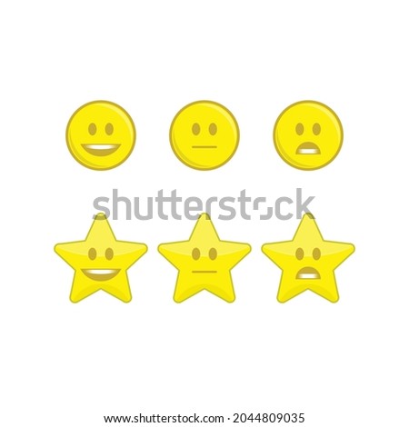 Customer feedback concept . Stars, Cartoon faces with smiling and angry face. Star icons with smile isolated on white background. Funny character. Vector illustration in flat style. EPS 10.