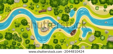 River top view landscape above forest, aerial map Royalty-Free Stock Photo #2044810424