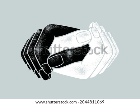 Vector illustration of two holding hands. Symbolism for friendship, love, anti-hate, anti-racism, agreement, peace, unity, solidarity, and relationship. Ready to use design template Royalty-Free Stock Photo #2044811069