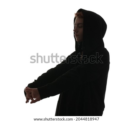Silhouette of hacker on white background