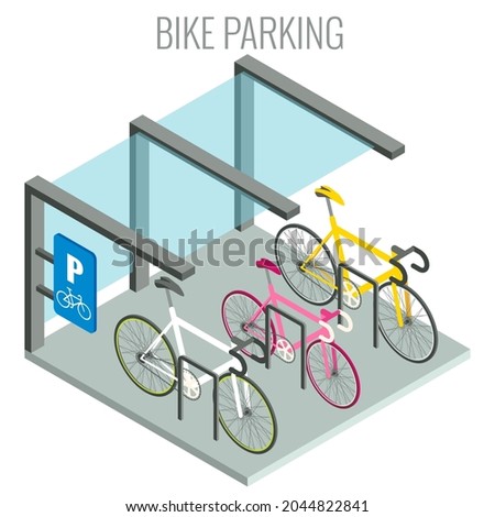 Public bicycle racks and bikes, flat vector isometric illustration. City bicycle parking lot concept.