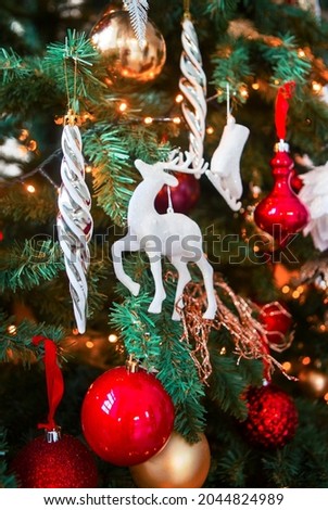 Christmas tree. Christmas toys, deer, balls, skates, lanterns. Christmas, New Year.