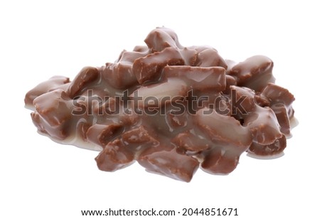Pile of wet pet food isolated on white