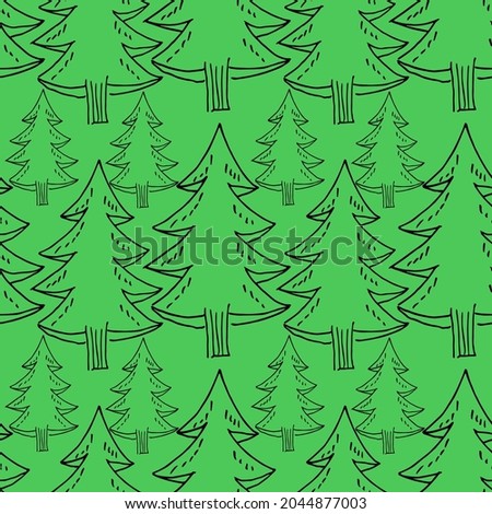 Vector pattern green Christmas trees. For printing on fabric. Pattren coniferous forest.