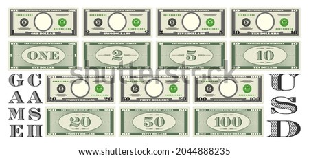 Set of fictional game paper money in the style of US dollars. Gray obverse and green reverse of banknotes with denominations of one, two, five, ten, 20, 50 and 100. Empty round in center Royalty-Free Stock Photo #2044888235