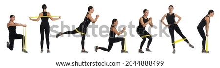 Woman doing sportive exercises with fitness elastic band on white background, collage. Banner design