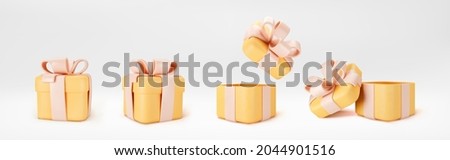 3d orange gift boxes open and closed standing on the floor with yellow pastel ribbon bow isolated on a light background. 3d render modern holiday surprise box. Realistic vector icons Royalty-Free Stock Photo #2044901516
