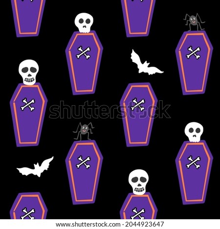 Halloween seamless vector repeat pattern with purple coffins and bones, half drop on black background, orange accents. Simple and sophisticated Halloween backdrop with sculls, bats and spiders.