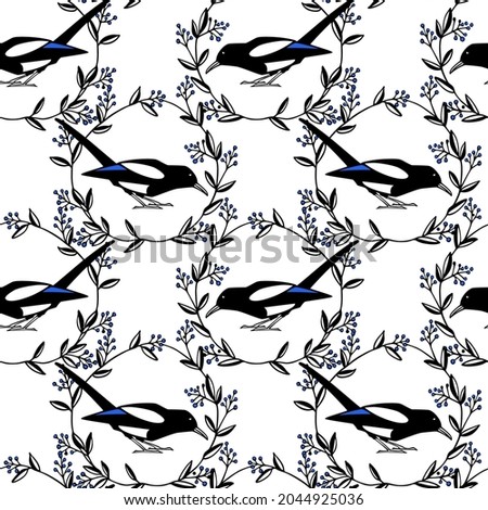 Vector seamless pattern with hand drawn cute Magpie in black floral wreath with blue berries. Ink drawing, cartoon style. Beautiful animal design elements.