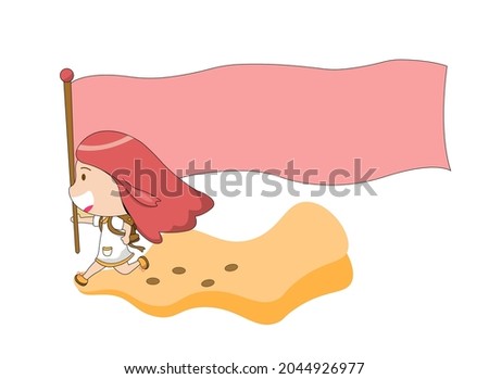 Drawing girl student run with showing flag, school, vector, illustrator