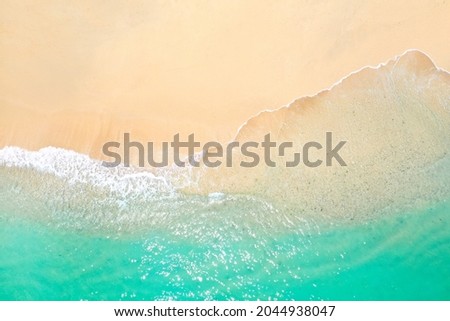 A view from a height of a Tropical beach and waves breaking on a tropical golden sandy beach. The sea waves gently wind along the beautiful sandy beach.