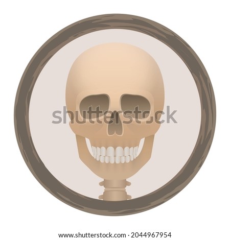 Skull or Deaths head logo in a round frame - creepy, spooky, frightening, but with a friendly smile. Isolated vector illustration on white background.

