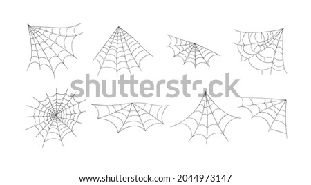 Cobweb collection isolated on white background. Line art, sketch style spider web elements, spooky, scary image. Gossamer. Spiderweb outline sign. Black and white illustration.