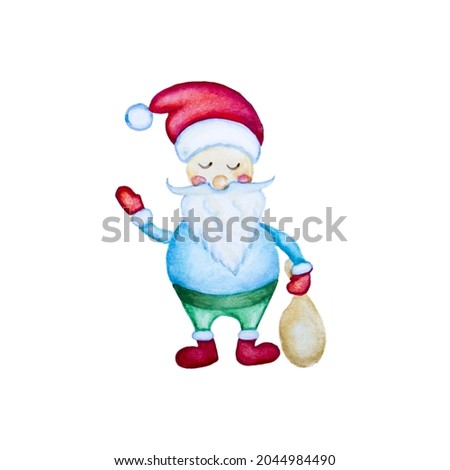 Cute Santa Claus with a bag. Christmas watercolor illustrations.