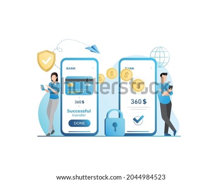Woman sent, transfers money, coins from debit card, credit card, replenishment of balance, account on Internet. Banking service, successful contactless payment transaction. Royalty-Free Stock Photo #2044984523