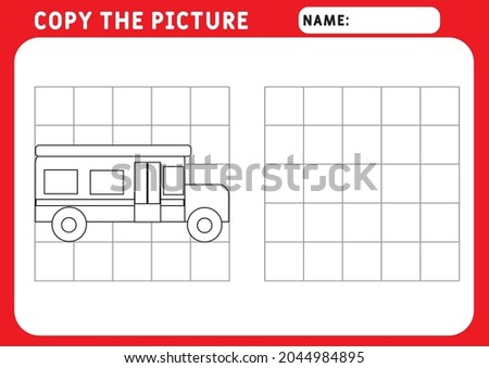 Coloring Funny little bus. Educational Game for Kids. Copy the picture.  Illustration and vector outline - A4 paper ready to print. Preschool worksheet.