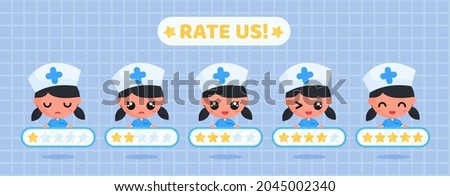 Cute nurse character holding star rating icon board. suitable for customer satisfaction survey, medical service review, health service feedback and hospital review stickers