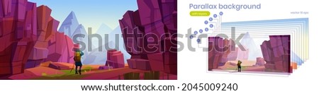 Woman hiker with stick and backpack walks on road in canyon. Vector parallax background for 2d game animation with cartoon illustration of mountain landscape with tourist in gorge