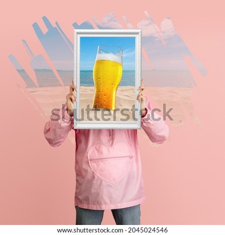 Summer memories. Contemporary artwork of man holding beer picture in frame isolated over pink sea background. Concept of festival, national traditions, taste, drinks, Oktoberfest. Copy space for ad