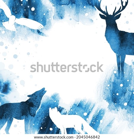 Vector watercolor winter nature template. Hand drawn frame with deer, bird, forest and place for text or illustration. Watercolor blue landscape. All elements, textures are individual objects