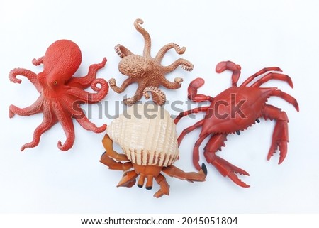 sea ​​animal toy on a white background. They are octopus, crabs, and hermit crab. Marine animals toy for kid.
