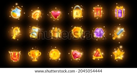 Magic game icon set, mobile casino app UI collection, golden reward trophy kit, glowing crown. Vector treasure assets, inventory objects, spark RPG shield, award crown level up prize. Online game icon Royalty-Free Stock Photo #2045054444