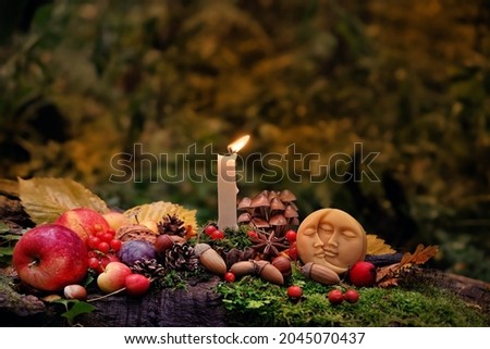 Moon amulet, candle, fruits, berries, nuts, fall leaves in autumn forest. Wiccan altar for Mabon sabbat. autumn equinox holiday. Witchcraft, magic ritual, esoteric spiritual ritual Royalty-Free Stock Photo #2045070437