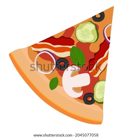 A piece of triangular-shaped pizza with mushrooms, bacon and gherkins. Vector illustration. A concept for stickers, posters, postcards, websites