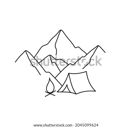 Vector isolated tent and campfire in the mountains contour line drawing. Colorless black and white black line silhouette mountains graphic sketch, travelling tattoo, minimalism poster