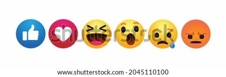 vector cartoon bubble emoticons comment social media messenger Facebook Instagram Whatsapp chat comment reactions, icon template face tear smile, sad, love, like, Lol, laughter emoji character message Royalty-Free Stock Photo #2045110100