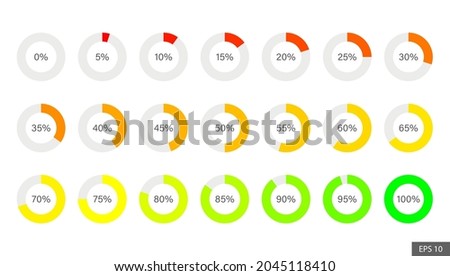 Colorful percentage pie chart icon set in flat style design for website, app, UI, isolated on white background. EPS 10 Vector illustration.