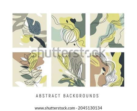 Artistic illustrations with plants, leaves. Minimalistic abstract vector compositions in contemporary style. Editable clip art for calendar, cover, poster, cards. Nature colors. Theme of ecology. 