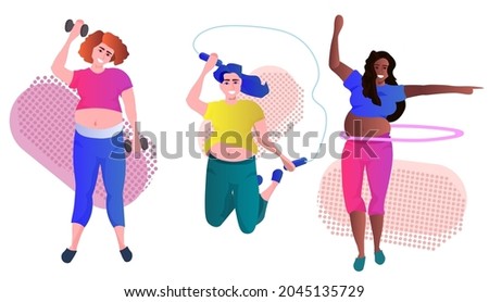 mix race women doing physical exercises overweight girls training workout weight loss concept full length horizontal vector illustration