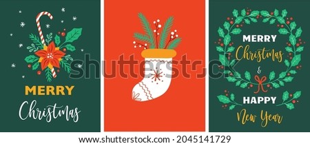 Christmas cards template collection. Vector illustration: holly wreath, Christmas sock, Poinsettia, text