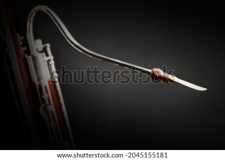 Bassoon reed woodwind instrument. Focus is on the reed. Orchestra musical instrument Royalty-Free Stock Photo #2045155181
