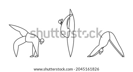 Set of linear contours of women do yoga do yoga isolated on white. Downward facing dog and other positions. Concept of balance, healthy lifestyle, sports, harmony. Vector illustration