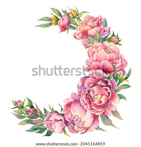 Pink peony wreath for greeting cards, invitations and wedding design. Watercolor illustration isolated on white background.