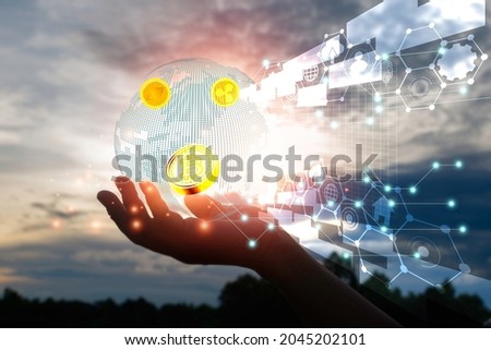 Hand holding circle network communication for bitcoin.Data in the global computer social.Blockchain technologies,telecommunication.photo modern technology and Digital cryptocurrency concept.